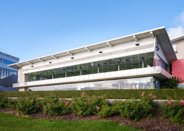 An outside view of one of the buildings at Leopardstown Racecourse.