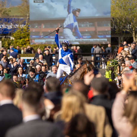 A jockey in a blue and white jersey celebrating winning a race as the crowd looks on and applauds.