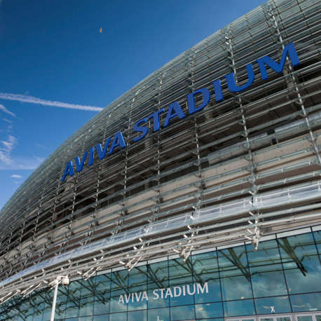 A view of the 'Aviva Stadium' lettering on the side of the stadium.