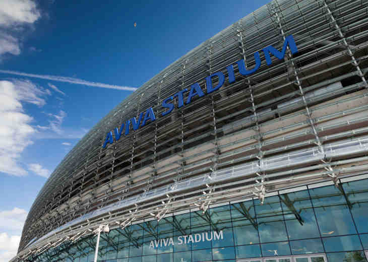 A view of the 'Aviva Stadium' lettering on the side of the stadium.