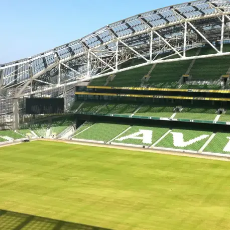 A view of the Aviva Stadium pitch with empty stands.