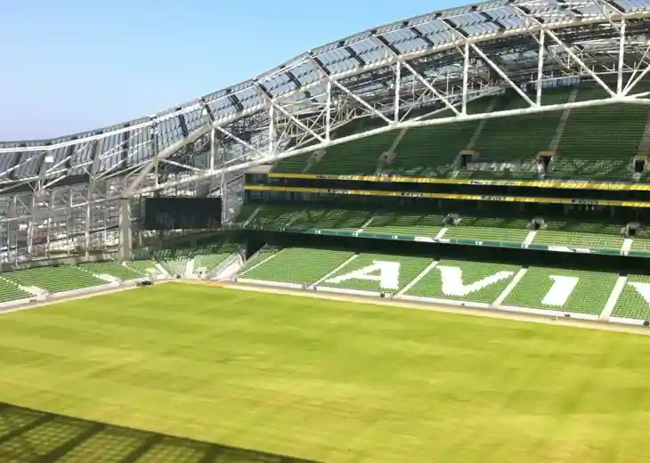 A view of the Aviva Stadium pitch with empty stands.