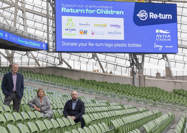  Ciaran Foley, CEO of Re-turn; Susan McQuaid O’Dwyer, representing Return for Children; and Aidan Byrne, Head of Sustainability, Aviva Stadium; launching ‘Return for Children’ initiative at Aviva Stadium, Dublin.