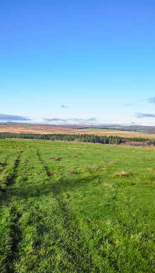 A green field with views of tress, hills and more fields in the background.