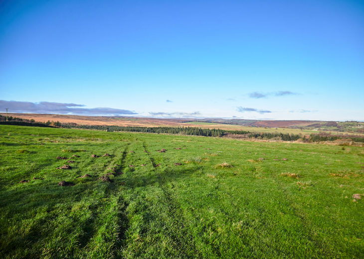 A green field with views of tress, hills and more fields in the background.