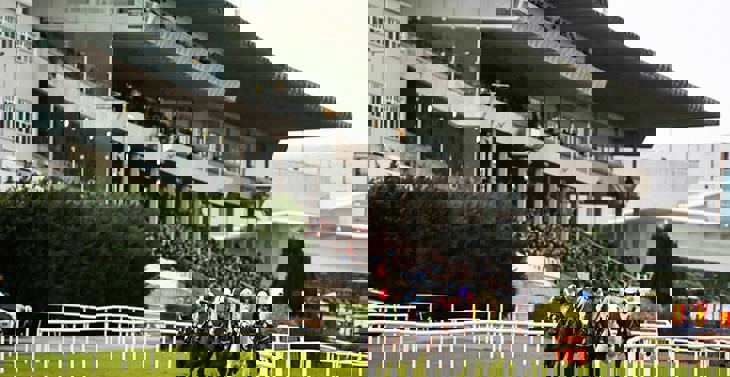 Horses racing past the crowd and stand at Leopardstown racecourse.